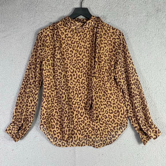 Ann Taylor Petite SP Leopard Print Blouse Long Sleeve Tie Neck Top - Picture 6 of 11
